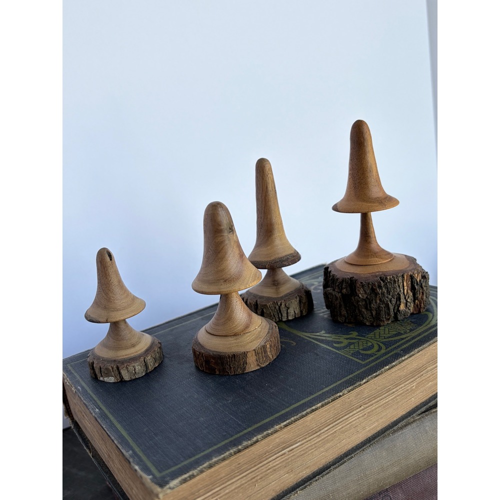 Don de Blauw Signed Hand-Turned Wooden Mushroom Live Edge Bark Base Cottagecore